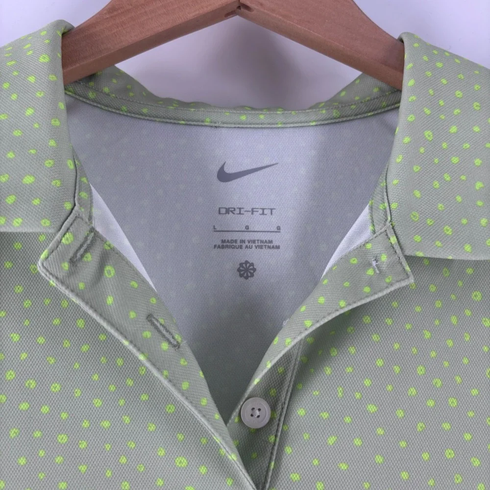 Nike Polo Shirt Womens L Green Dri-FIT Micro Dot Short Sleeve Golf Tennis Top